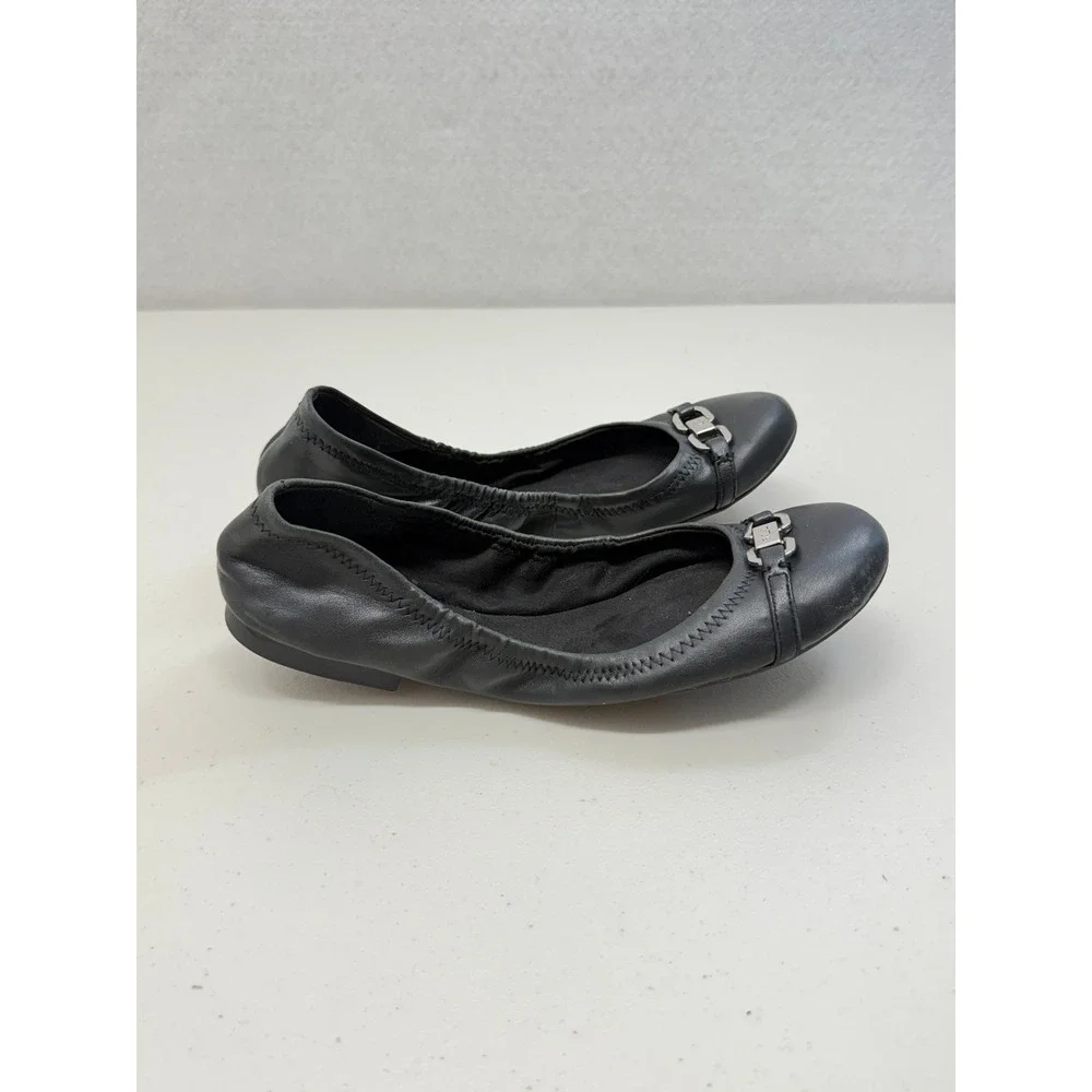 Ralph Lauren Jayna Black Leather Ballet Flats Silver Logo Buckle 7.5 B